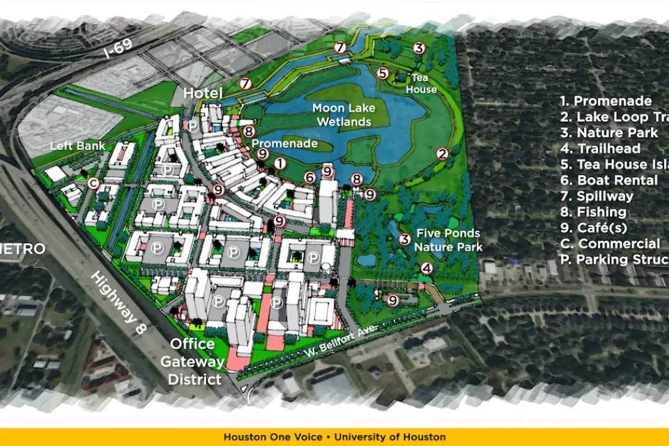 Rendering of mixed-use development with parks and stormwater retention on former Houston landfill site